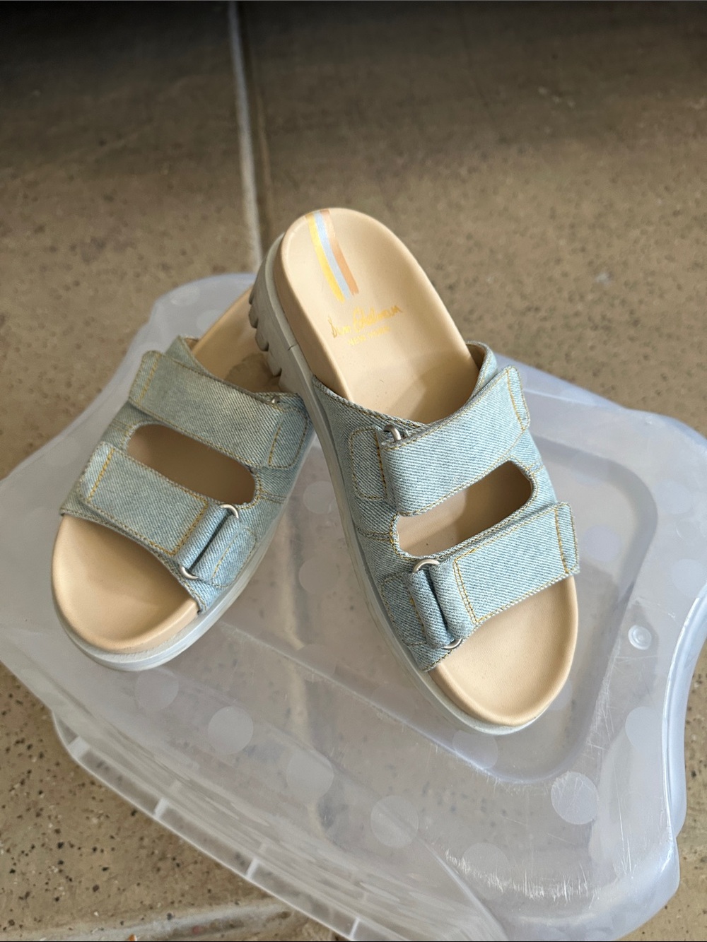 Sam Edelman Light Blue Denim Double-Strap Slide Sandals